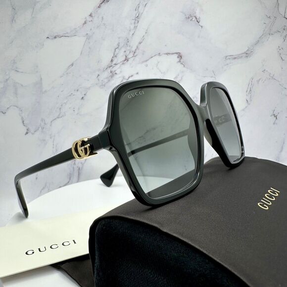 New GUCCI Sunglasses Black Oversized Square Gold Metal GG - Picture 15 of 16